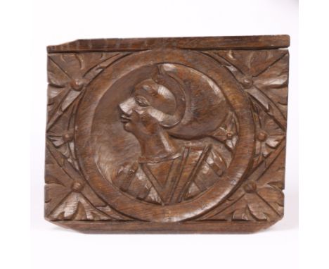 A GOOD HENRY VIII OAK ROMAYNE-TYPE CARVED PANEL, CIRCA 1540. Designed with a female portrait facing dexter, wearing a French-
