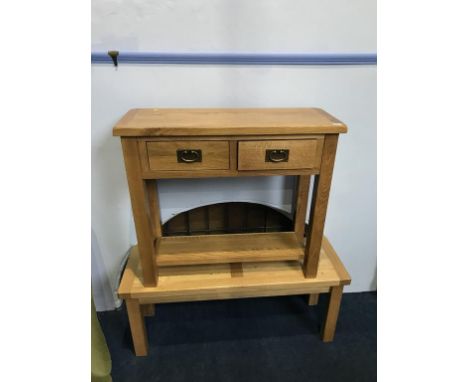 A light oak two drawer side table and a narrow oak bench, 85cm and 112cm wide