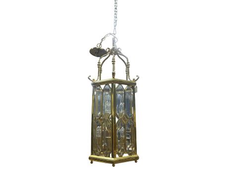REGENCY STYLE BRASS HANGING LANTERN, on chain suspension