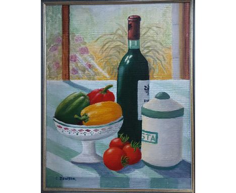 SCOTTISH SCHOOL, STILL LIFE WITH VEG oil on board, signed 'C Dawson'framedoverall size 33cm x 28cm 