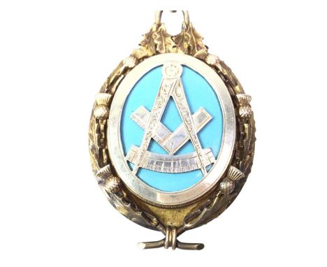 MASONIC SILVER JEWEL FALKIRK LODGE 16 the oval medallion with central masonic symbol within a chased border of thistles, with