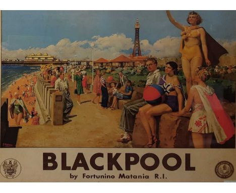 REPRODUCTION BLACKPOOL TRAVEL ADVERTISEMENT,  a reproduction print of Fortunino Matania R.I. lithograph of Blackpool framed a