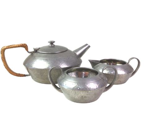 TUDRIC PEWTER THREE PIECE TEA SERVICE, comprising teapot, sugar bowl and jug, patten number 01537teapot 9cm high 