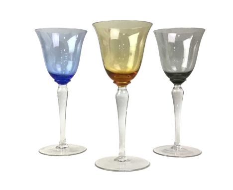 COLLECTION OF CUT GLASS DISHES AND GLASSES, comprising four coloured glass goblets, eight wine glasses, eight liqueur glasses