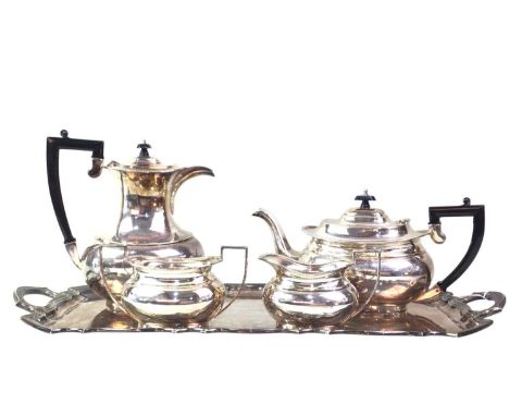 SILVER PLATED FIVE PIECE TEA AND COFFEE SERVICE, WALKER & HALL comprising teapot, coffee pot, sugar and cream, as well as ser