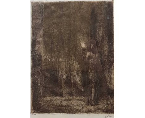 MARIUS ALEXANDER JACQUES BAUER (DUTCH 1867 - 1932), A FAKIR IN THE TEMPLE OF MADURA etching on paper, initialled and inscribe