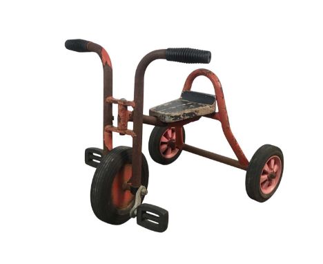 VINTAGE CHILD'S TRICYCLE, with red metal frame and wooden seat49cm high