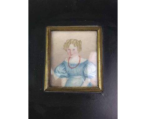 PORTRAIT MINIATURE, 19TH CENTURY  depicting a half length girl in a blue dress in an ebonised frame12.5cm x 10.5cm 