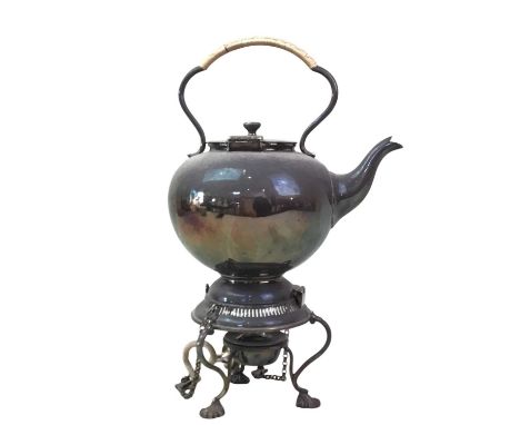 COLLECTION OF PLATED WARE, including a plated kettle on stand with spirit lamp, two perfume atomisers, crystal preserve jar w