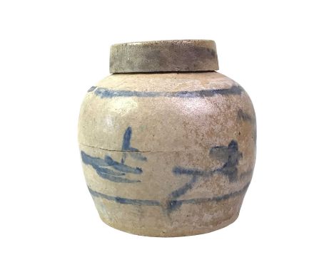 KOREAN CERAMIC GINGER JAR, decorated with dark blue inclusions, with associated lid15cm high