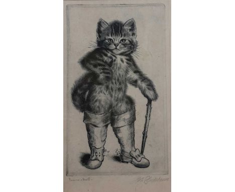 TWO PICTURES, comprising an etching, depicting Puss In Boots, signed, along with printeach framed and under glasslargest 51cm