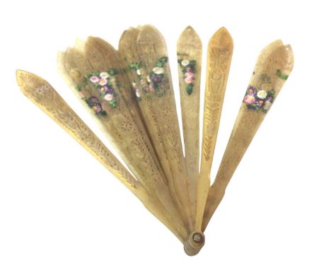 GEORGIAN HORN FAN, 19TH CENTURY  the pierced panels painted with flowers, with original box