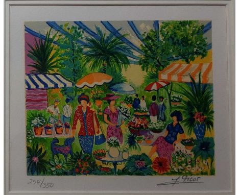 JEAN CLAUDE PICOT, HALLE AUX FLEURS (HALL OF FLOWERS) AND THREE OTHERS serigraph in colour on woven paper, marked 257/350, si