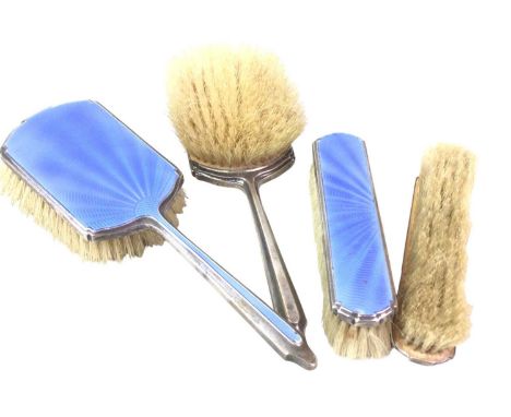 FOUR PIECE SILVER AND BLUE ENAMEL DRESSING TABLE SET, BIRMINGHAM 1932 comprising two hairbrushes and two clothes brushesQty: 