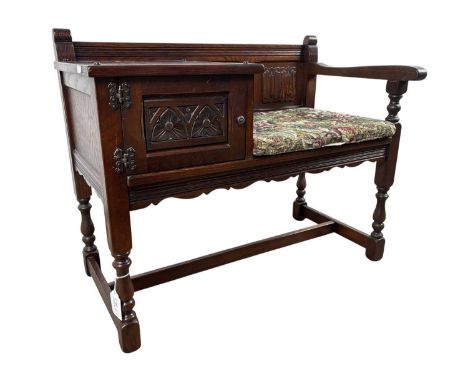 OAK TELEPHONE TABLE / SEAT, ALONG WITH TWO WALL MIRRORS the telephone table / seat with padded cushion, along with two gilt f