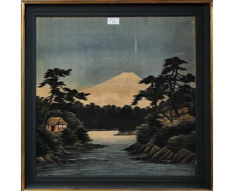 JAPANESE SILK WORK EMBROIDERY, MID / LATE 20TH CENTURY depicting a river, surrounded by trees and foliage, along with a frame
