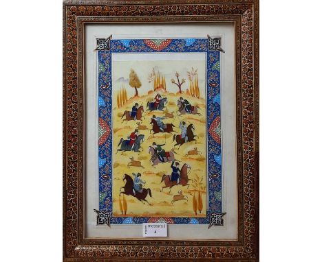 PERSIAN PAINTING, depicting a hunting sceneframed and under glass41.5cm high x 31cm wide overall 