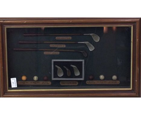 COLLECTION OF VINTAGE GOLF CLUBS, AND A FRAMED GOLF SHADOWBOX comprising seven golf clubs, as well as a shadowbox frame with 
