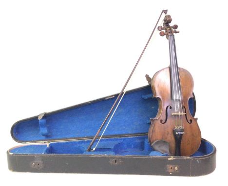 FULL SIZE VIOLIN, lacking makers label, with bow and case58cm long overall