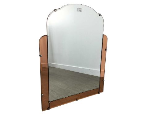 ART DECO STYLE UPRIGHT WALL MIRROR, the central plate in a surround of amber tinted plates71cm x 56cm