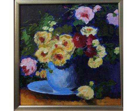 SCOTTISH SCHOOL, STILL LIFE, PINK AND YELLOW oil on canvasframed and under glassoverall size 32cm x 32cm