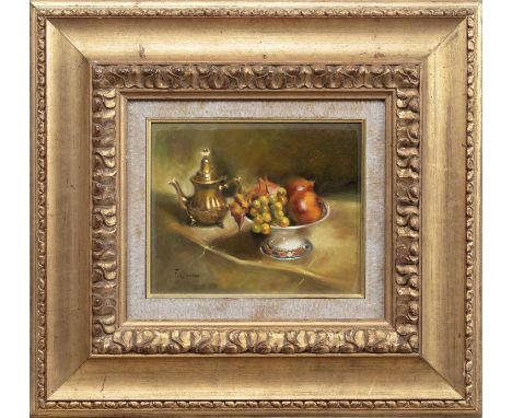 BRITISH SCHOOL, STILL LIFE ON BOARD oil on board, signed 'F Garcin'framedimage size 21cm x 26cm, overall size 52cm x 57cm 