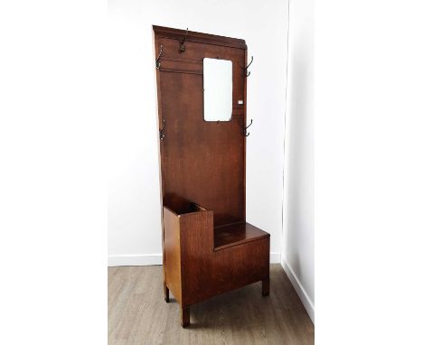 OAK VENEER HAT AND COAT STAND, with mirror back182cm high, 68cm wide