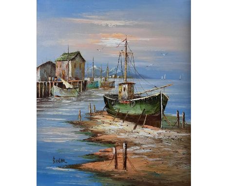 B WILDER, FISHING BOATS oil on canvas, along with three other pictureseach framedQty: 4