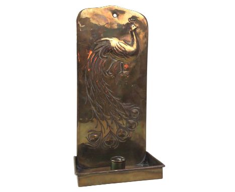 ARTS & CRAFTS BRASS CANDLE SCONCE, ALONG WITH FURTHER ITEMS the sconce with embossed peacock decoration, along with further i