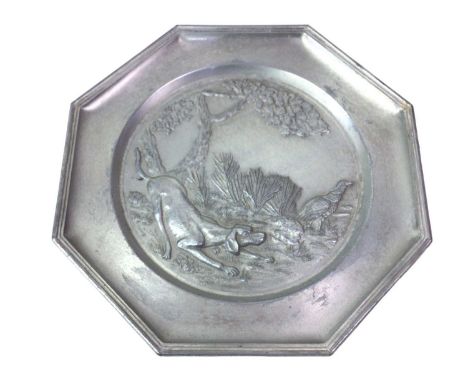 PAIR OF PEWTER PLATES, AND A FURTHER PEWTER PLATE the pair of octagonal form, embossed with a hunting scene, along with anoth