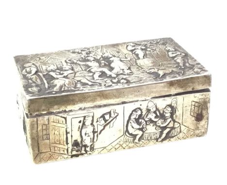 SILVER EMBOSSED TRINKET BOX, of rectangular form, with embossed detail across the sides and lid, depicting scenes of people d