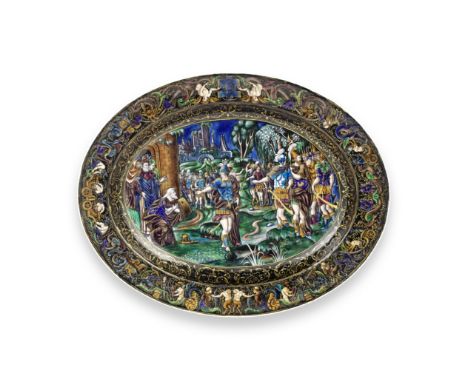 After Pierre Reymond (French, c.1513-after 1584): A 19th century Limoges style grisaille and coloured enamel oval platter dep