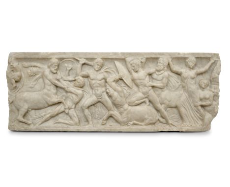 An Italian carved white marble figural frieze depicting the Battle of the Centaurs and Lapiths After the antique, probably 18