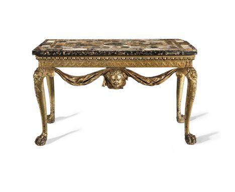 An important George II giltwood side table with a specimen top comprised of assorted hardstones, marbles and minerals includi