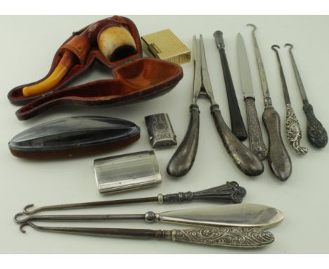 Miscellania. A small collection of items, including gold plated S. T. Dupont lighter, Victorian silver vesta case, silver han