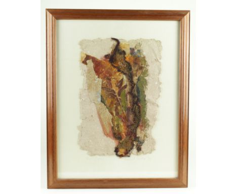 Rachel Storker (?). A work of art titled 'Rust Pieces', depicting a collage of rust coloured foliage etc., signed in pencil t