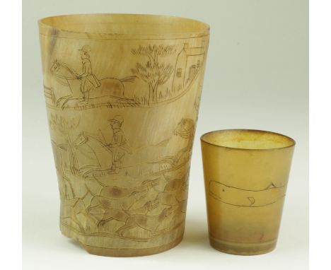 Two horn beakers, circa 19th Century, the larger one decorated with a fox hunting scene (damaged to base), height 10cm &amp; 