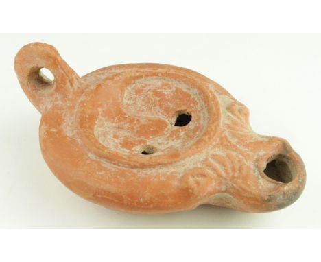 Ancient Roman circa 200 A.D. terracotta oil lamp with decoration - arnos jumperz ollection - 150 mm