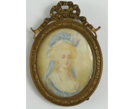 Portrait Miniature. Oil on ivory, depicting a portrait of lady with blond hair in a blue dress (possibly Marie Antoinette), s