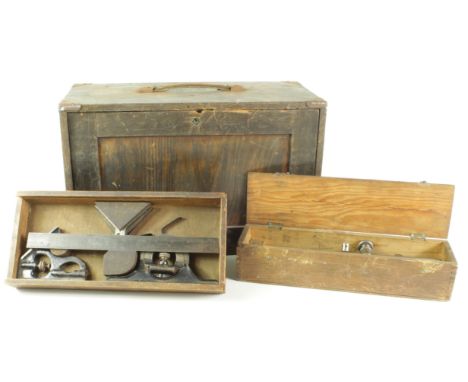 Engineering tools. An old wooden tool box, containing numerous tools, makers include Moore &amp; Wright