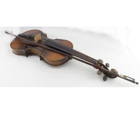 Violin &amp; bow, circa late 19th Century, both unnamed, in need of restoration, violin back 36cm approx. (excluding button),