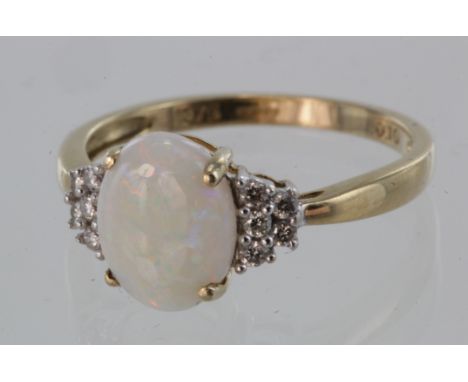 9ct Gold Opal and Diamond set Ring size L weight 1.7g