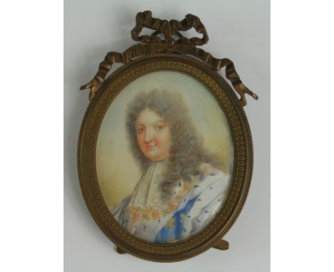 Portrait Miniature. Oil on ivory, depicting a portrait of Louis XIV, signed by artist to lower right margin, contained in a c