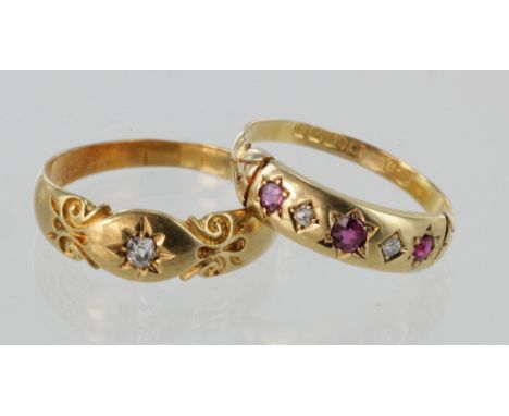 Two 18ct rings. 18ct yellow gold diamond single stone ring, size R, weight 3.5g. 18ct gold ruby and diamond ring, size O, wei