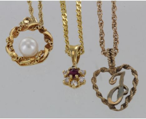 Three pendant and chains, 18ct ruby and diamond on 9ct chain, weight 4.1g. 9ct pearl pendant and chain, weight 3,8g. 9ct init