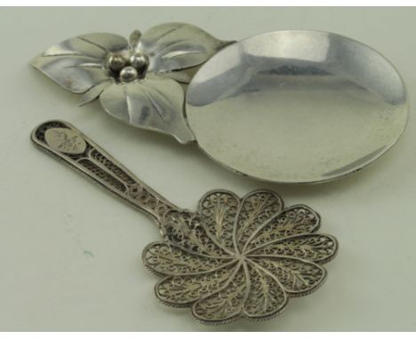 Caddy spoons (2) unmarked silver - the filigree spoon could be Indian Colonial.  Weighs 1 oz approx.