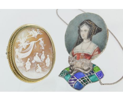 Silver and enamel cat pendant, hallmarked 'LD, London, 1982' on a silver hallmarked chain, together with a cameo brooch &amp;