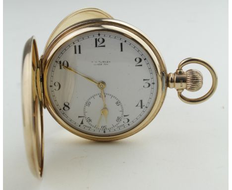 Gents 9ct cased full hunter pocket watch, Hallmarked Birmingham 1926. The white dial signed "R H Turner Ilkeston" with Arabic