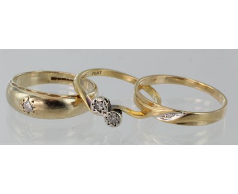 9ct yellow gold single stone gypsy set ring, size R, weight 4.6g. 18ct diamond crossover ring, size Q, weight 2.3g. 18ct diam