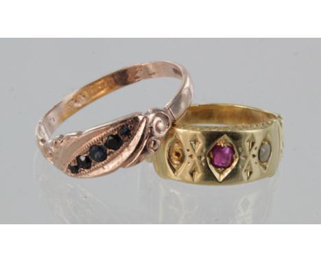 9ct rose gold sapphire five stone ring, size O, weight 2.1g. 9ct ruby and pearl band ring, size I, weight 3.4g.